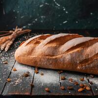 freshly baked organic baguette on wooden table dark background photo