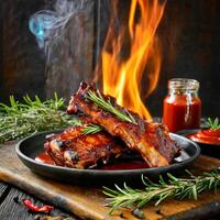 hot grilled spare ribs with barbecue sauce with fire photo