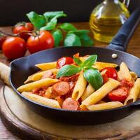 penne pasta with tomato sauce with sausage tomatoes green basil decorated in a fryin photo