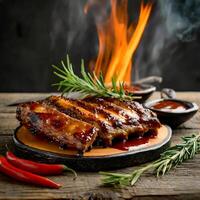 hot grilled spare ribs with barbecue sauce with fire photo