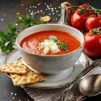 caliente tomate sopa con lado galletas y queso foto