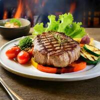 Grilled sirloin steak cooked to perfection in grilled stand with fresh vegetable photo