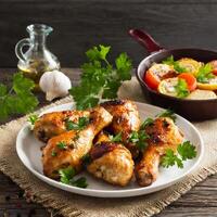 chicken grilled drumsticks with baked vagetable and parsley photo