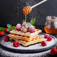 viennese wafers with raspberries strawberries sprinkled with powdered sugar photo