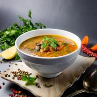 lentil soup with mixed ingredients and herbs in a white bowl photo