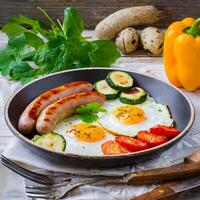 breakfast fried eggs sausages zucchini and sweet peppers photo