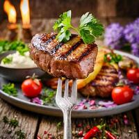 grilled Bavarian steak on a fork photo