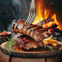 grilled beef ribs on the grill chopped on a fork against a fire photo