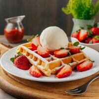 Belgium waffles with strawberries and ice cream on white plate photo