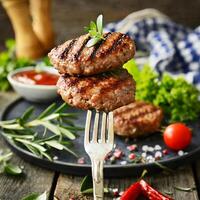 grilled beef patties on a fork photo