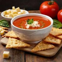 caliente tomate sopa con lado galletas y queso foto