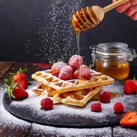 viennese wafers with raspberries strawberries sprinkled with powdered sugar photo