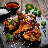 grilled chicken legs in barbecue sauce with pepper seeds parsley salt in a black ston photo