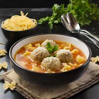 Italian meatball soup and stelline pasta in bowl on black table photo