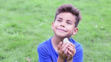 six-year-old boy wearing a blue T-shirt flirts, looks at the camera and happily chews a pasta dessert video