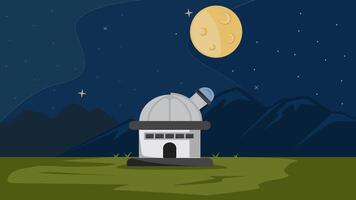 observatorium byggnad animering 2d för astronomi begrepp , planetarium på natt med stjärnor och måne rörelse grafisk illustration design video