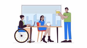 Employees with disabilities in office line cartoon animation. Corporate culture 4K motion graphic. Diverse workers at meeting 2D linear animated characters isolated on white background video