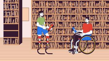 studenti con disabilità nel biblioteca linea cartone animato animazione. inclusione nel formazione scolastica 4k movimento grafico. Disabilitato multirazziale lettori 2d lineare animato personaggi su interno sfondo video