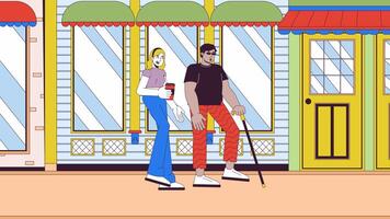 Arab man with vision impairment and friend on street line cartoon animation. Disability inclusion 4K motion graphic. Diverse couple 2D linear animated characters on cityscape background video