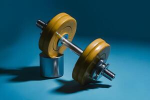 Yellow and blue contrast enhances metallic dumbbell's weightlifting potential. photo