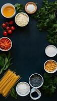 Pasta ingredients with a blank page for recipe creation Vertical Mobile Wallpaper photo