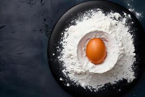 Egg and flour on a black board for baking prep photo