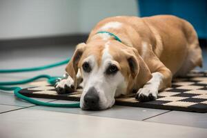 perro en estera con verde Correa en veterinario clínica, clínico ajuste foto