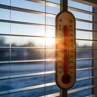 Thermometer on window shows frosty cold outside, contrasts with warm sunlight inside For Social Media Post Size photo