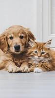 adorable dorado perrito y mullido naranja gatito abrazo cerca, exudando pacífico compañerismo vertical móvil fondo de pantalla foto