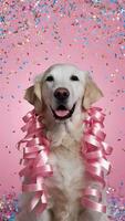 Golden Retriever dressed up with pink ribbons in a festive confetti scene Vertical Mobile Wallpaper photo