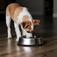 Curious pup explores metal bowl creating peaceful ambience on wooden floor For Social Media Post Size photo