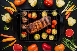 parrilla rebosante con perfectamente chamuscado carnes y vistoso vegetales foto