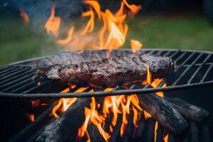 Meat cooking over open flame, perfect for a barbecue photo