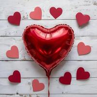 Valentines red heart balloon on white wood, top view For Social Media Post Size photo