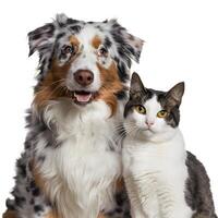 A colorful Australian Shepherd Dog and a white gray cat bond together harmoniously For Social Media Post Size photo