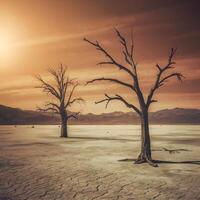 Desolate landscape with two trees, cracked ground, and fiery sky For Social Media Post Size photo