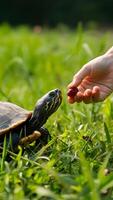 A peaceful scene of a turtle being fed berries on a green field Vertical Mobile Wallpaper photo