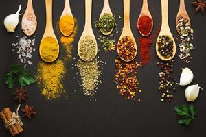 Various Asian spices in spoons on black background. Top view with free space photo