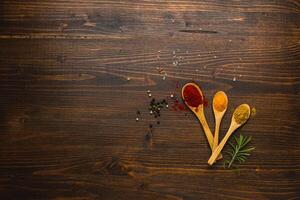 Various Asian spices in wooden spoons on wooden background. Top view photo