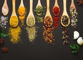 Various Asian spices in spoons on black background. Top view with free space photo