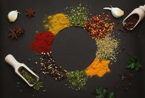 Circle frame composition of spices and herbs isolated on dark background with copy space. Frame of Indian spices and herbs. Ingredients of asian cuisine spices photo