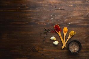 Various Asian spices in wooden spoons on wooden background. Top view photo