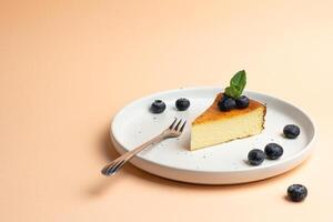 Cheesecake Slice On Plate With Blueberries, Pink Background. Trendy Fashion Dessert photo