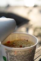 Sunrise Splendor, CloseUp Instant Noodle Bokeh with Taiwan Sky and Ocean Beauty photo