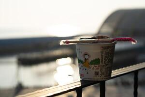 Sunrise Splendor, CloseUp Instant Noodle Bokeh with Taiwan Sky and Ocean Beauty photo