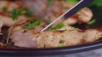 cutting grill chicken meat with knife video