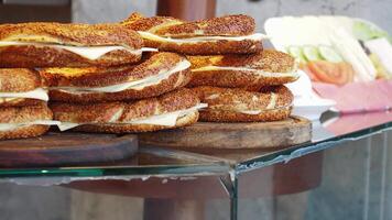 stack of Turkish Bagel Simit with cheese video