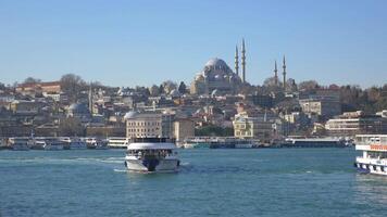 turkey istanbul 19 june 2023. ferryboats parked in the terminal in the Bosphorus river nearby the Eminonu Mosque video