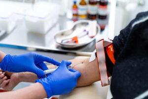 Blood sampling with syringe and needle for analysis. Medical blood collection with syringe. photo