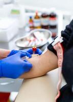 Modern hospital injection with needle. Medicine doctor hand blood taking. photo